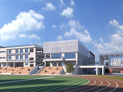 Modern School Building with Glass Curtain Walls Staircase Seating Area Green Lawn and Running Track 3d model