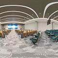Modern Conference Room With Green Seats Wooden Armrests And World Map Screens