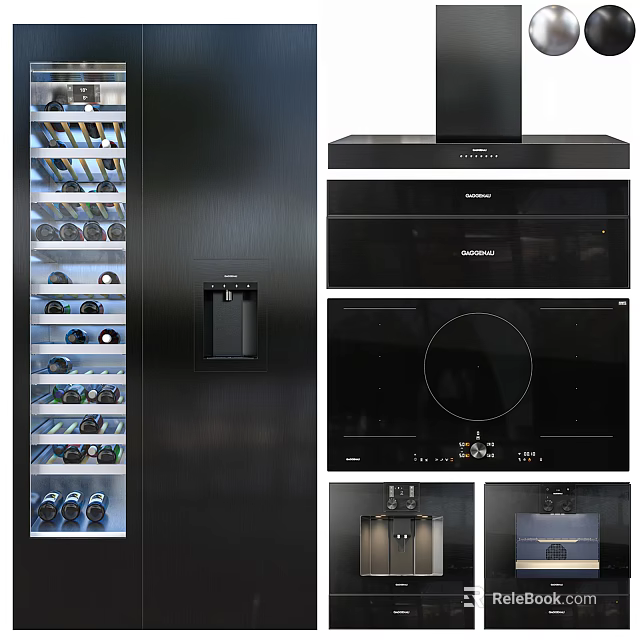 Sleek Modern Kitchen Appliances Featuring Wine Cooler Range Hood And Cooktop 3d model