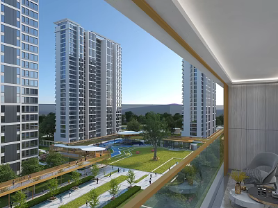 High-rise Residential Buildings With Balcony View Green Courtyard Swimming Pool And Trees 3d model