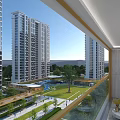 High-rise Residential Buildings With Balcony View Green Courtyard Swimming Pool And Trees