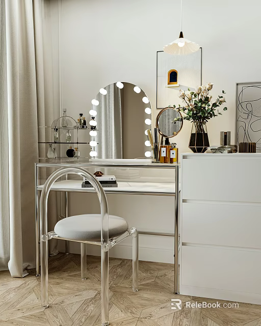 Minimalist Dressing Table With Round LED Light Mirror And Transparent Chair 3d model 