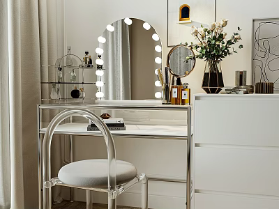 Minimalist Dressing Table With Round LED Light Mirror And Transparent Chair 3d model