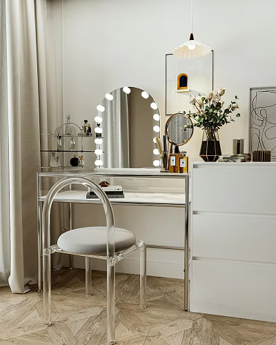 Minimalist Dressing Table With Round LED Light Mirror And Transparent Chair 3d model