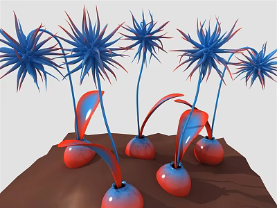 Vibrant Cartoon Scene With Blue Spiky Flowers And Red Bulbous Bases On Brown Ground 3d model