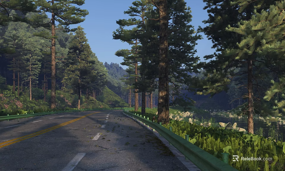 Scenic Winding Forest Road Through Tall Pine Trees And Green Hills Under Bright Blue Sky 3d model 