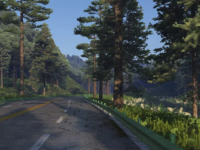 Scenic Winding Forest Road Through Tall Pine Trees And Green Hills Under Bright Blue Sky 3d model