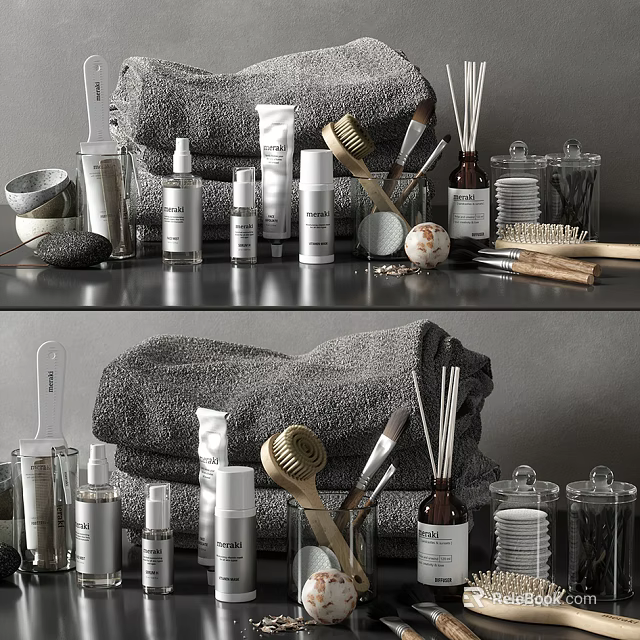 Elegant Perfume Cosmetics Collection With Skincare Bottles Brushes Towels And Jars 3d model 