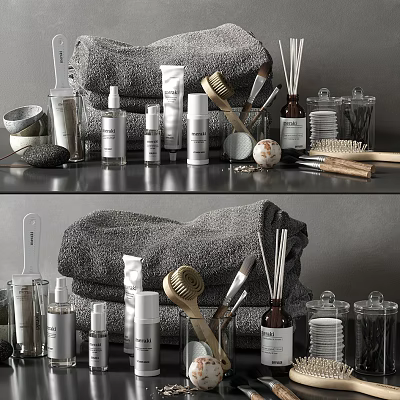 Elegant Perfume Cosmetics Collection With Skincare Bottles Brushes Towels And Jars 3d model