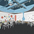 Colorful Kindergarten Interior With Blue White Ceiling Spotlights Circular Decorations And Orange White Tables Chairs