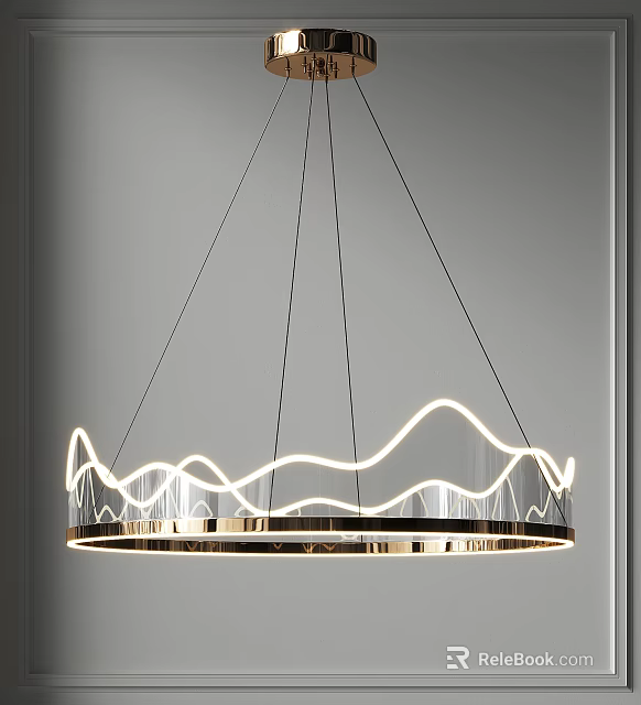 Elegant Modern Chandelier With Circular Wavy Neon Light And Transparent Glass 3d model 