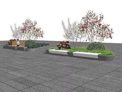 Landscape Seats In Gray Tiled Plaza With White Rectangular Seats Red White Flower Trees Green Shrubs 3d model
