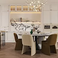 Modern Restaurant Kitchen Interior With White Cabinets Marble Backsplash Island Chandelier And Dining Table Chairs