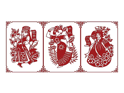 Traditional Chinese Paper Cut Artwork With Three Decorative Red Figures And Ornate Floral Borders 3d model