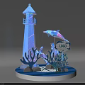 Blue 3D Decorative Model Featuring Lighthouse Dolphin Corals And Logo Sign With Your Text 3d model