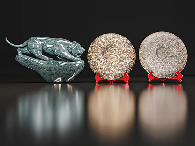 Decorative Ornament Set Featuring Leopard Figurine Two Circular Dishes On Red Stands 3d model