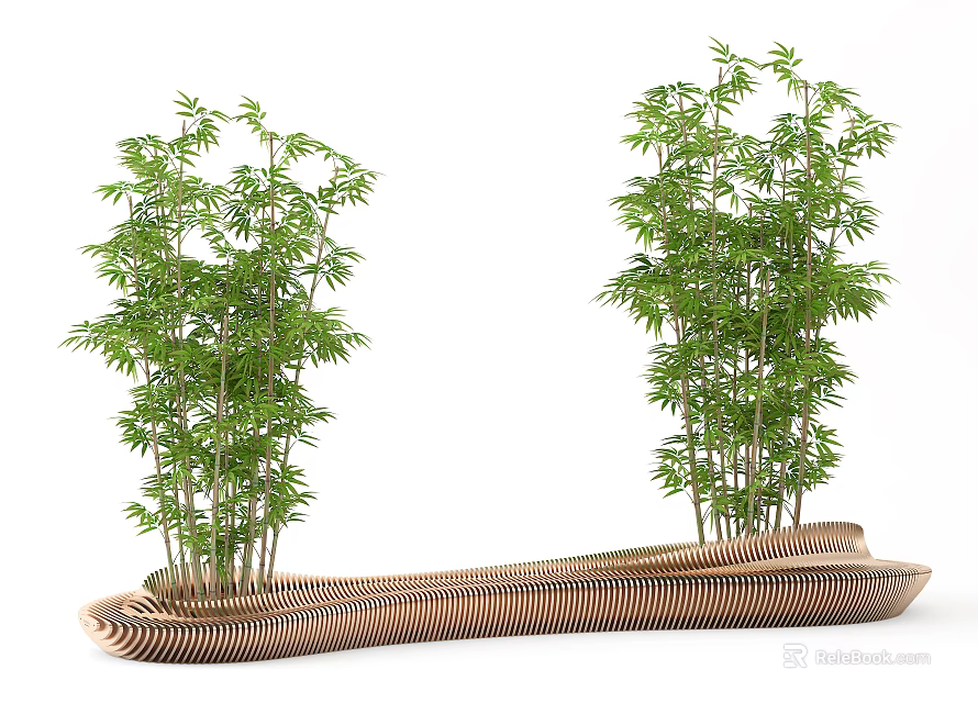 Long Curved Woven Public Chair With Two Bamboo Plants In Outdoor Space 3d model 