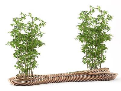 Long Curved Woven Public Chair With Two Bamboo Plants In Outdoor Space 3d model