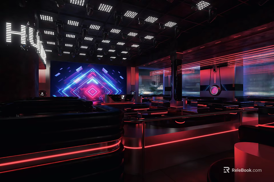 Modern Futuristic Bar Interior With Neon Lights LED Seating And Digital Screens 3d model 
