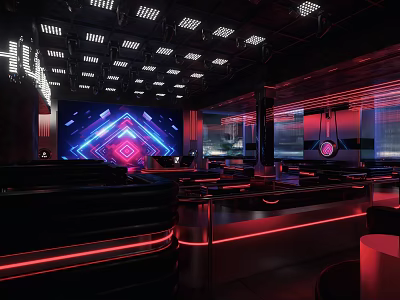 Modern Futuristic Bar Interior With Neon Lights LED Seating And Digital Screens 3d model