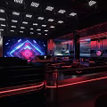 Modern Futuristic Bar Interior With Neon Lights LED Seating And Digital Screens