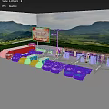 Scenic Parking Lot With Various Vehicles Airplane Models Billboard Green Fields And Mountains