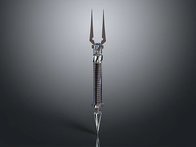 Metallic Trident Weapon With Intricate Handle Design And Sharp Metal Spikes 3d model