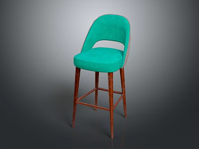 Teal Upholstered Bar Stool with Arched Backrest Circular Cutout and Walnut Wooden Legs 3d model