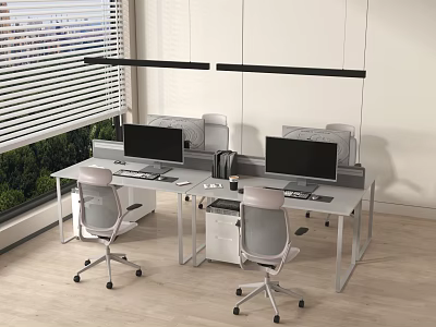 Modern Office Desk And Chair Set With Computer Monitors And Window View 3d model