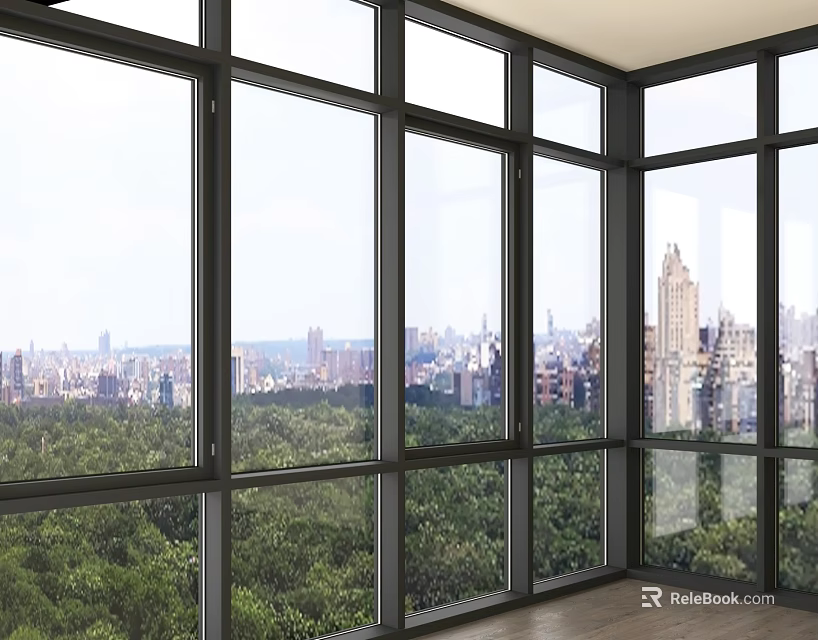 Floor to Ceiling Windows in Spacious Room with City Skyline and Lush Green Forest View 3d model 
