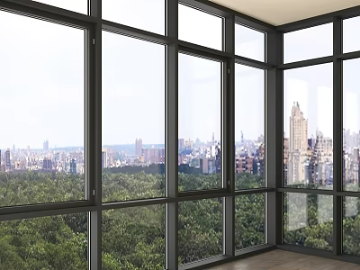 Floor to Ceiling Windows in Spacious Room with City Skyline and Lush Green Forest View 3d model