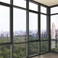 Floor to Ceiling Windows in Spacious Room with City Skyline and Lush Green Forest View