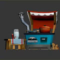 Cute Mini Kitchen Scene Components With Blue Stove Red Pot Chimney Stool Bottle And Cup
