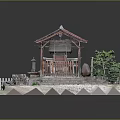 Traditional Wooden Pavilion Model With Red Roof Fence Stone Urn Steps And Trees