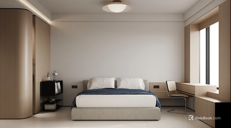 Modern Bedroom Interior Design With Bed Blue Bedding Nightstand TV Desk Chair And Window 3d model 