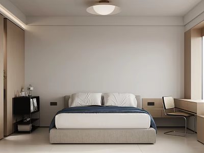 Modern Bedroom Interior Design With Bed Blue Bedding Nightstand TV Desk Chair And Window 3d model