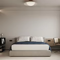 Modern Bedroom Interior Design With Bed Blue Bedding Nightstand TV Desk Chair And Window