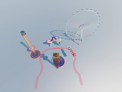 Colorful Amusement Park Rides Featuring Ferris Wheel Carousel And Star Shaped Attractions 3d model