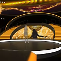 Elegant Curved Stage Design With Yellow Lights Red Curtains And Circular Decorations