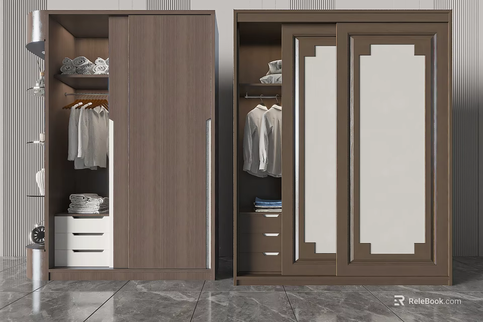 Modern Wooden Wardrobe Interior Design With Mirrored Doors Hanging Folded Clothes And Drawers 3d model 