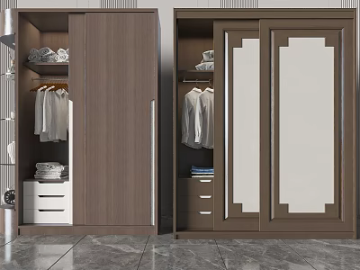 Modern Wooden Wardrobe Interior Design With Mirrored Doors Hanging Folded Clothes And Drawers 3d model