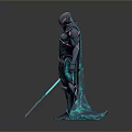 Futuristic Armored Warrior In Black Armor With Blue Cloak And Glowing Sword