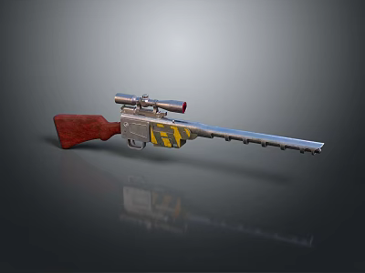 Tactical Weapon Featuring Red Wooden Stock Silver Barrel And Yellow Black Stripes With Scope 3d model