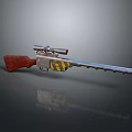 Tactical Weapon Featuring Red Wooden Stock Silver Barrel And Yellow Black Stripes With Scope