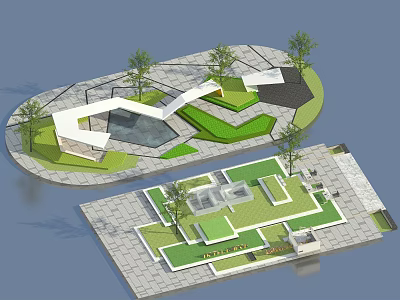 Modern Park Landscape Design With Green Lawns Trees Walking Paths And Geometric Layout 3d model