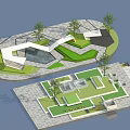 Modern Park Landscape Design With Green Lawns Trees Walking Paths And Geometric Layout