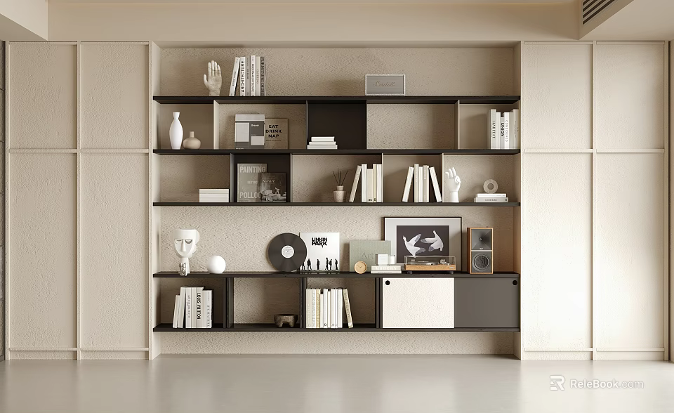 Modern Modular Shelf Unit Displaying Books Decorative Items Photo Frames and Vases in Beige Brown 3d model 