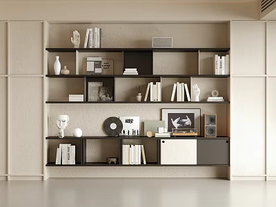 Modern Modular Shelf Unit Displaying Books Decorative Items Photo Frames and Vases in Beige Brown 3d model