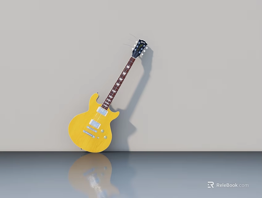 Yellow Electric Guitar Leaning Against Light Colored Wall With Floor Reflection 3d model 
