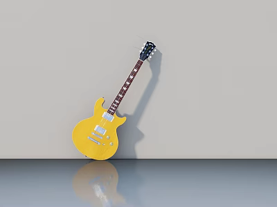 Yellow Electric Guitar Leaning Against Light Colored Wall With Floor Reflection 3d model